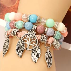Multi -Colored Beaded with Owls, Feathers and Tree of Life Charms Bracelet